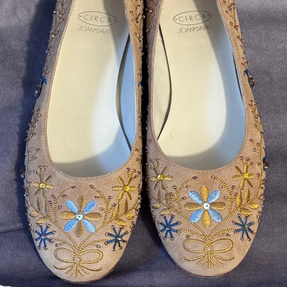 Circa Joan & David Embroidered Beaded Suede Heel Womens 7 Tan Boho - Picture 8 of 11